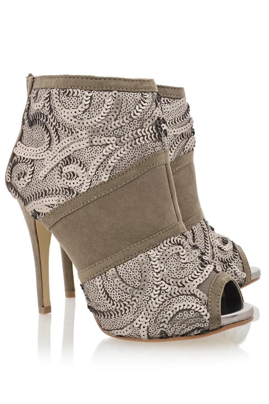 ADMIRANDA Taupe Sequin Peep Toe Ankle Boots