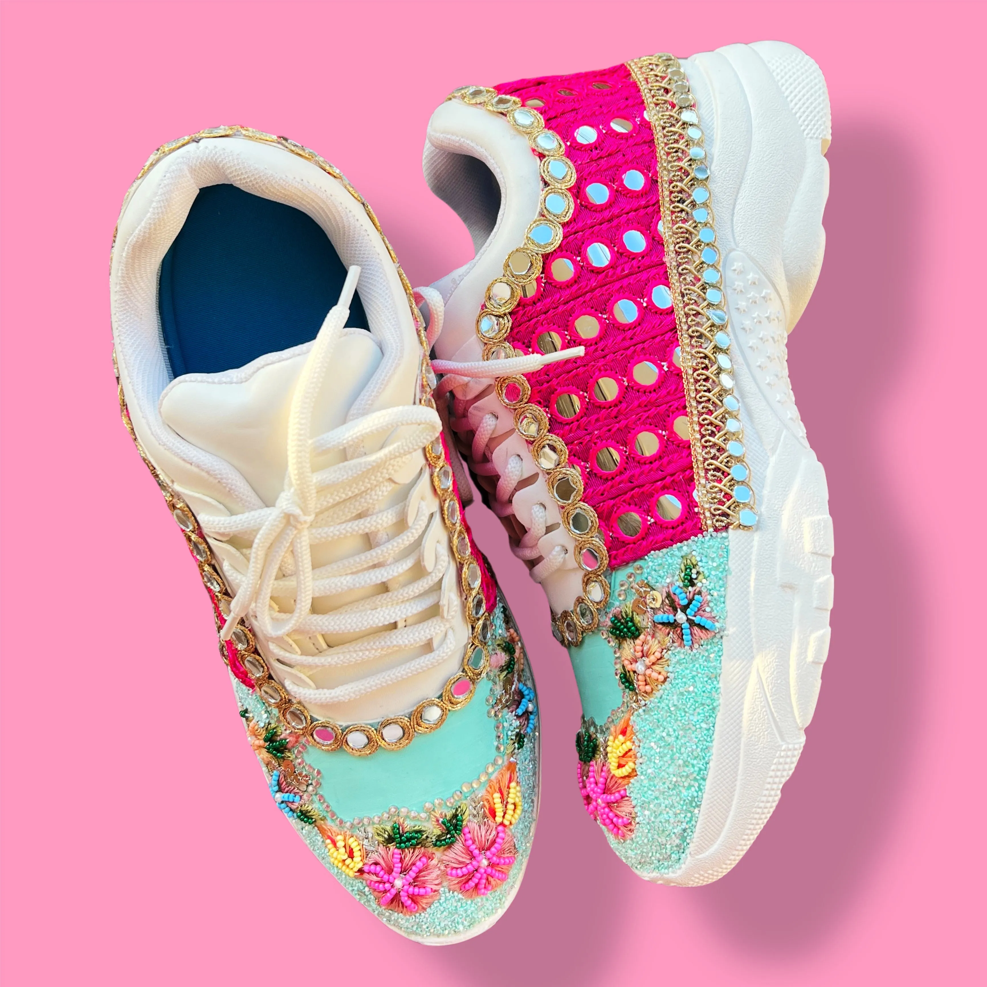 Funky N Trendy hand crafted powder blue theme bridal sneakers/ bridesmaid sneaker / powder blue sneakers/ pink floral theme sneakers / blue pink shoes / floral sneakers