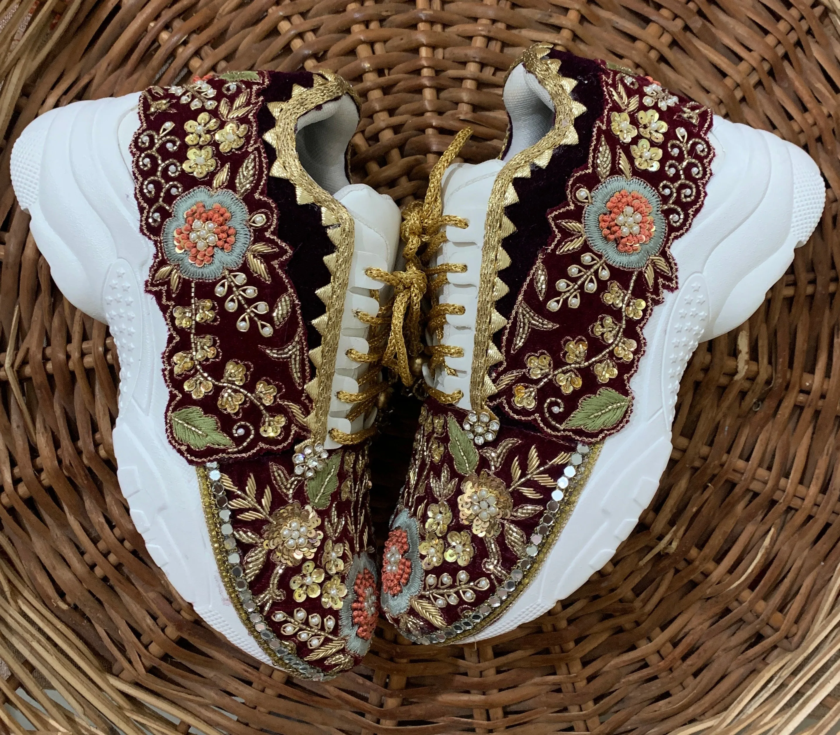 FUNKY N TRENDY maroon wine intricate hand embroidered sneakers for brides /bridesmaids / sneakers for bridesmaids/ handcrafted sneakers/ sequine sneakers / bridal sneakers / bridesmaid sneakers/ maroon sneakers /embroidered shoes/ zardozi sneakers