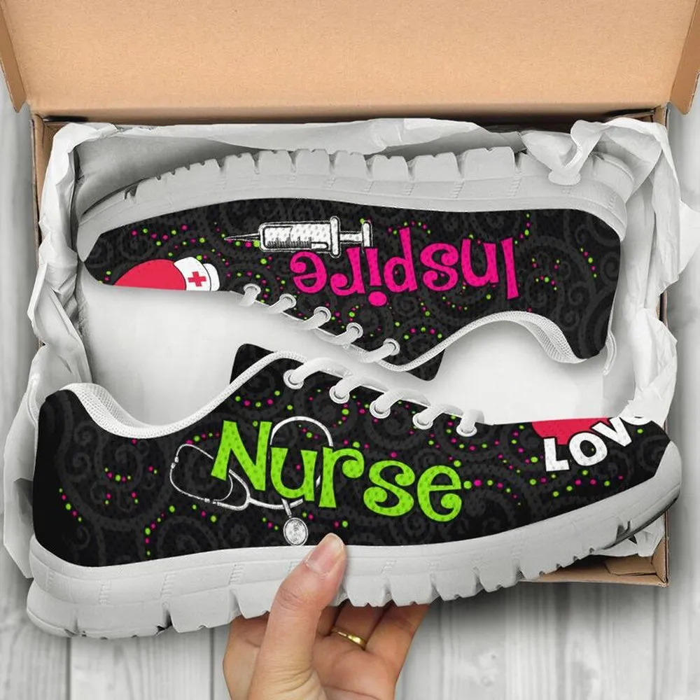 Nurse Sneaker, Nurse Love Inspire Black Sneakers Shoes, Best Shoes For Nurses