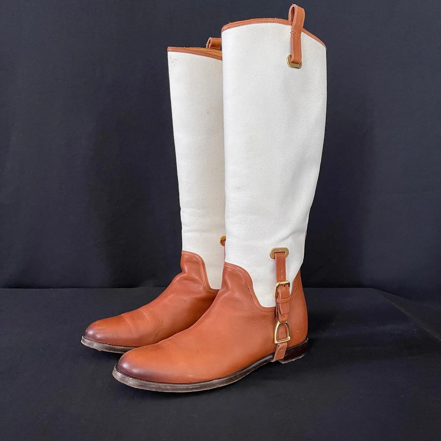 RALPH LAUREN Tan/White Canvas and Leather Riding Knee High Boots