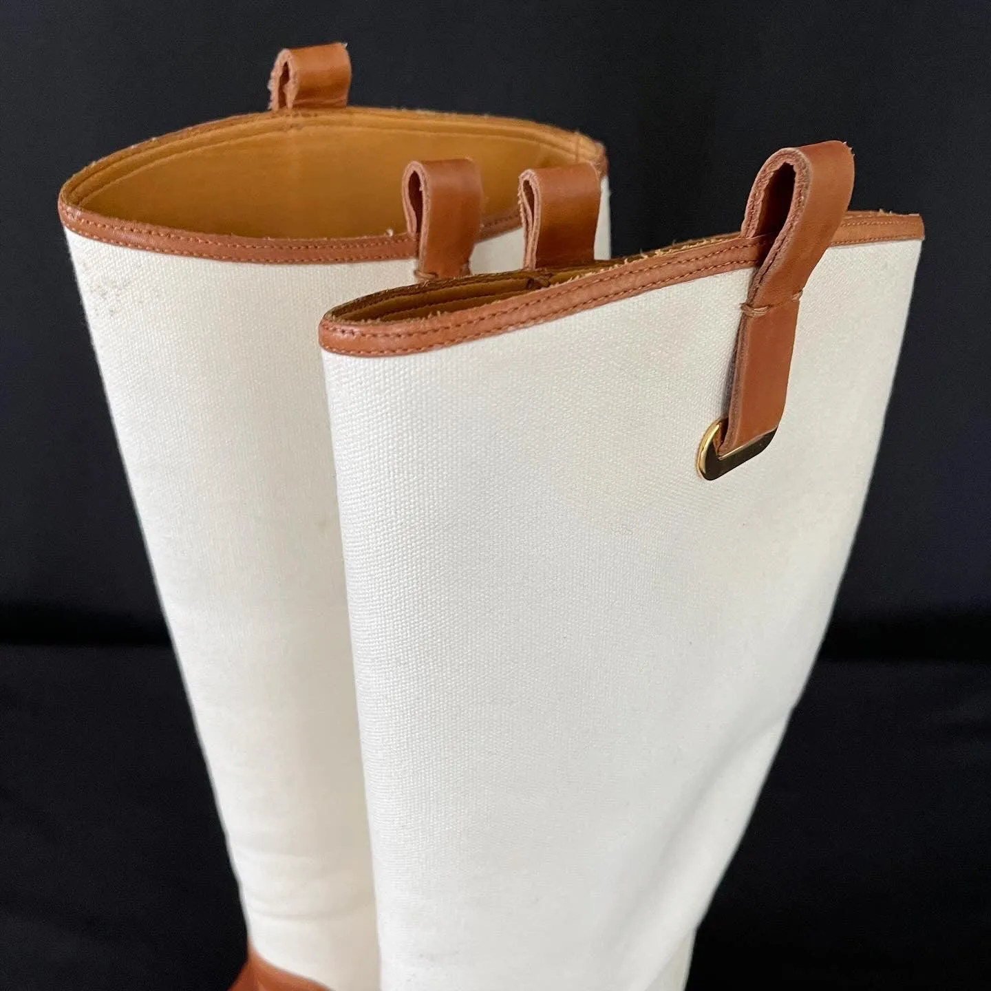 RALPH LAUREN Tan/White Canvas and Leather Riding Knee High Boots