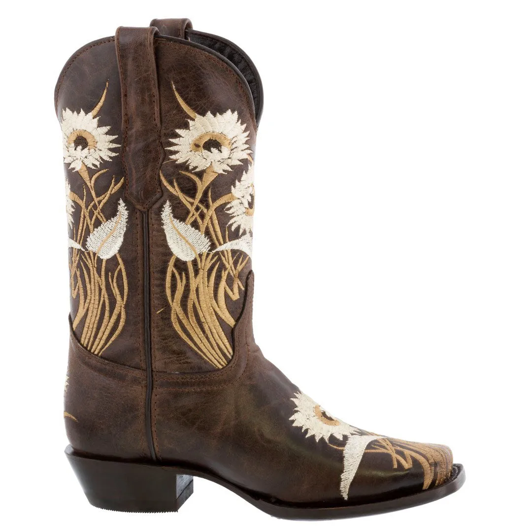 Womens Brown Western Boots Sunflower Embroidered Leather - Square Toe