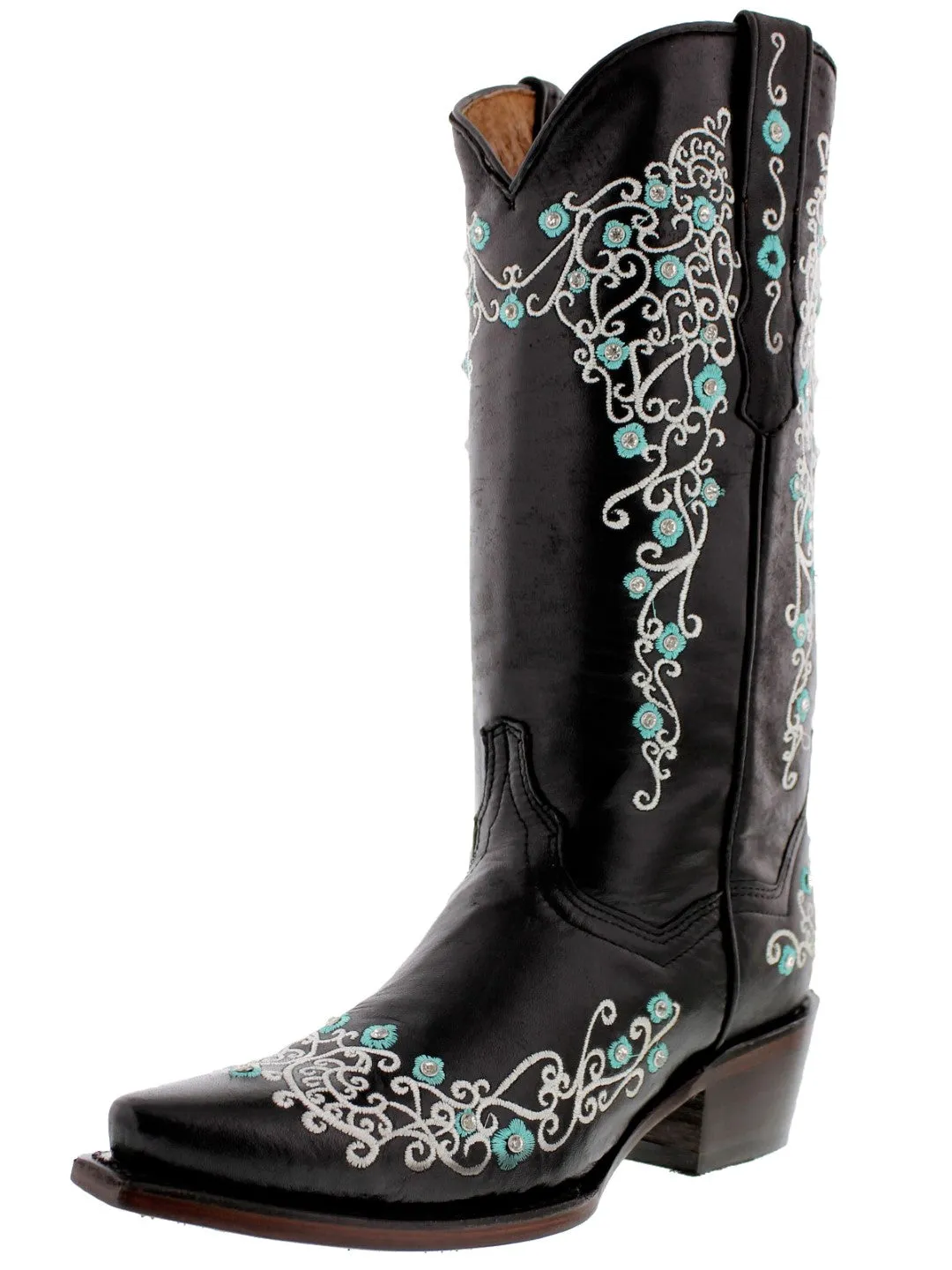 Womens Stella Black & Turquoise Leather Cowboy Boots - Snip Toe